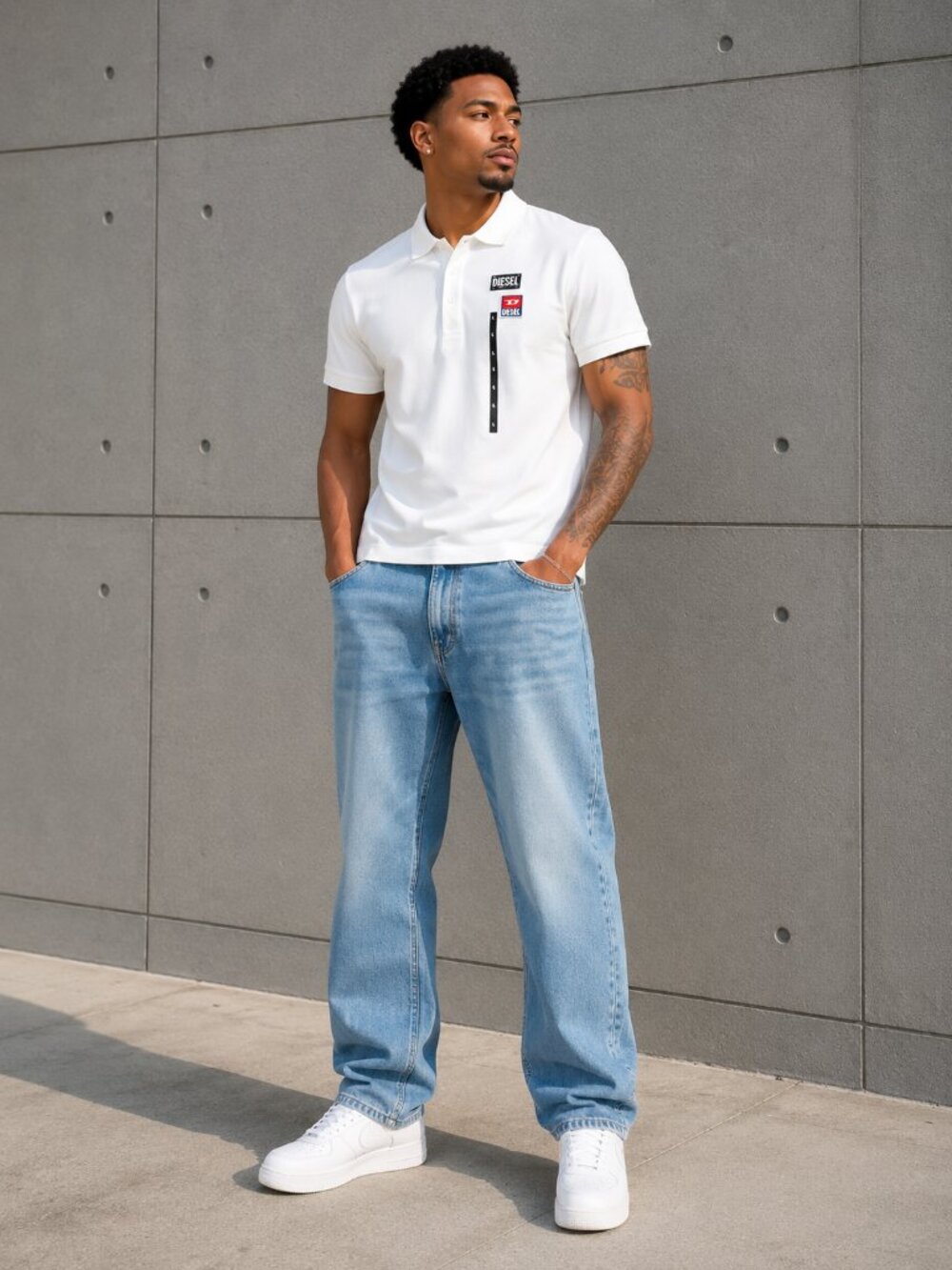 New Men's Diesel White T Kal Patch Polo Shirt - L